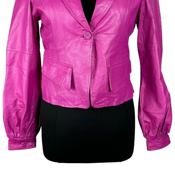 METRO STYLE Y2K HOT PINK LEATHER PUFF SLEEVE TAILORED BARBIE BLAZER JACKET - Picture 9 of 15